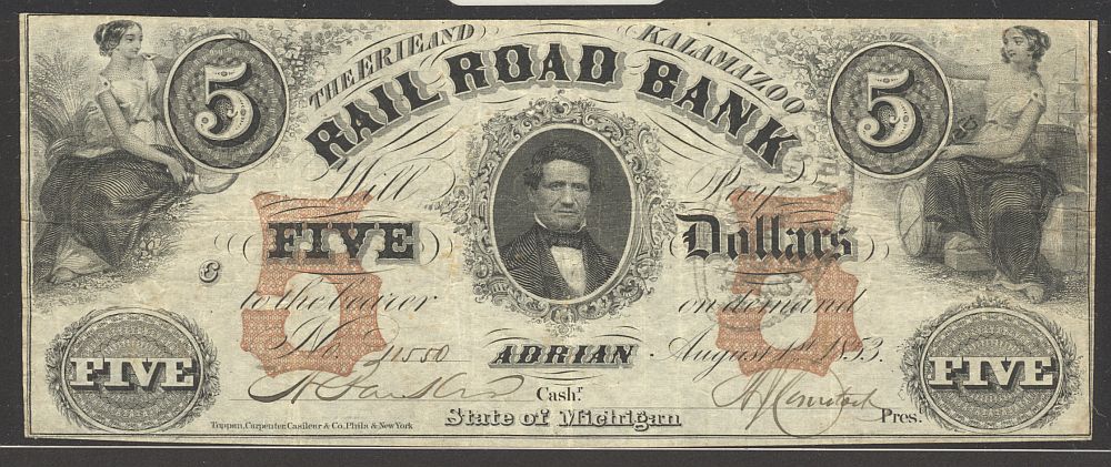 Adrian, MI, The Erie and Kalamazoo Railroad Bank, 1853 $5, 11550, VF